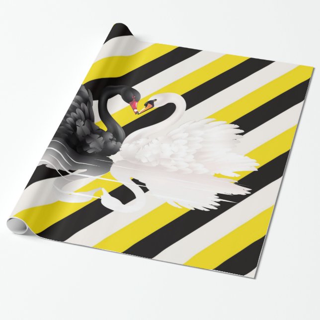 Glossy Wrapping Paper, Black White Stripe Swans Wrapping Paper (Unrolled)