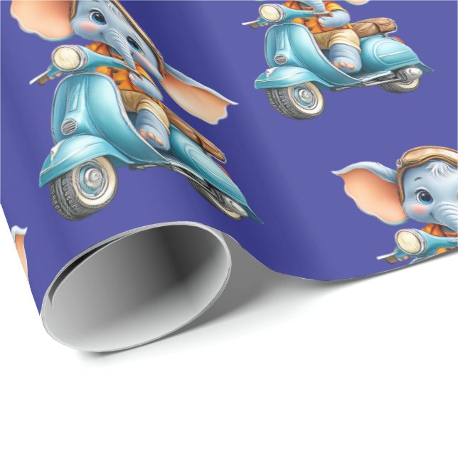 Glossy Wrapping Paper Blue Elephant Scooter  (Roll Corner)