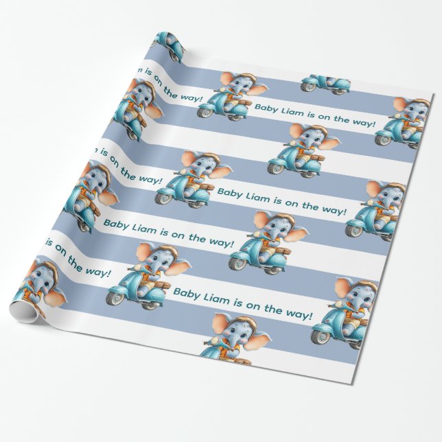 Glossy Wrapping Paper Blue & White Stripe Elephant (Unrolled)