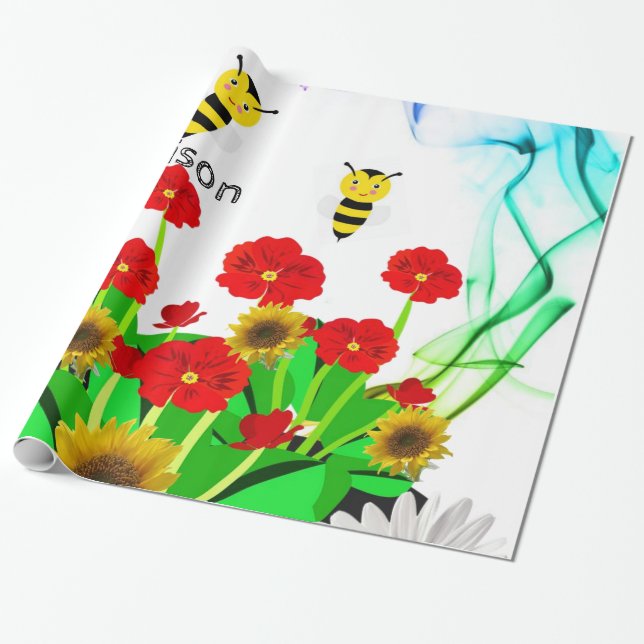 Glossy Wrapping Paper, Bumblebee Floral Paper (Unrolled)