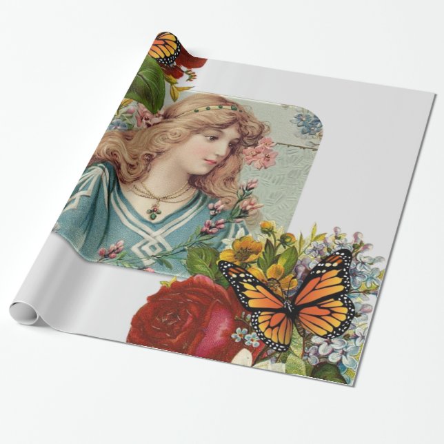 Glossy Wrapping Paper, Butterfly Floral Victorian Wrapping Paper (Unrolled)