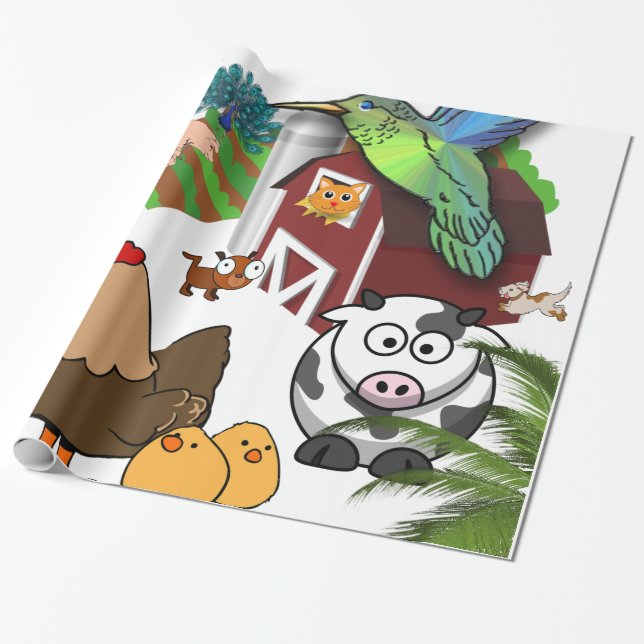 Glossy Wrapping Paper, Chicken Birds Cows Paper (Unrolled)