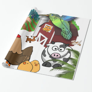 Glossy Wrapping Paper, Chicken Birds Cows Wrapping Paper