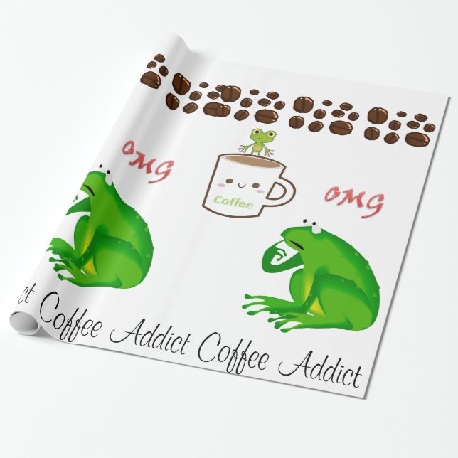 Glossy Wrapping Paper, Coffee Addict Frog Beans Wrapping Paper (Unrolled)
