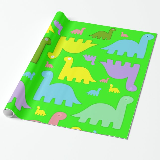 Glossy Wrapping Paper, Colorful Dinosaurs Green Paper (Unrolled)