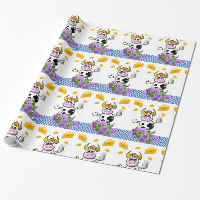 Glossy Wrapping Paper, Cow Blue Plaid Cheese Wrapping Paper (Unrolled)