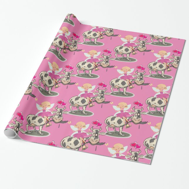 Glossy Wrapping Paper, Cow Fairy Pink Hearts Wrapping Paper (Unrolled)