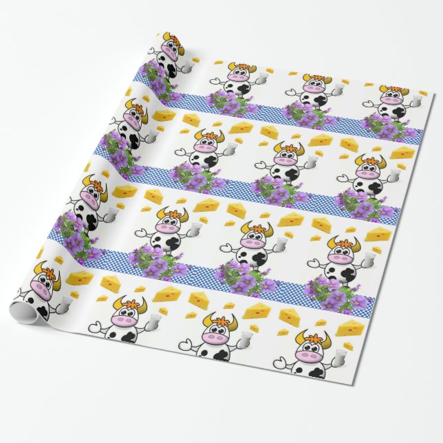 Glossy Wrapping Paper, Cow Plaid Cheese Floral Wrapping Paper (Unrolled)