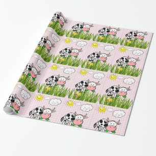 Glossy Wrapping Paper,Cows Sun Clouds Floral Plaid Wrapping Paper