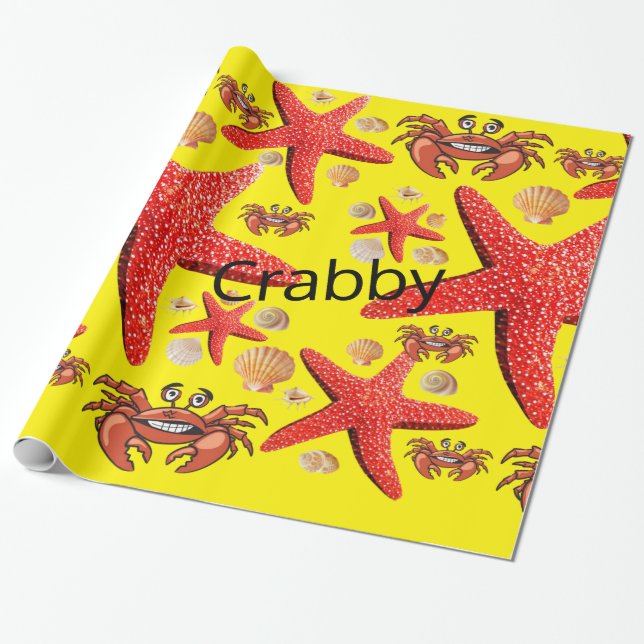 Glossy Wrapping Paper, Crabs Starfish Red Yellow Paper (Unrolled)