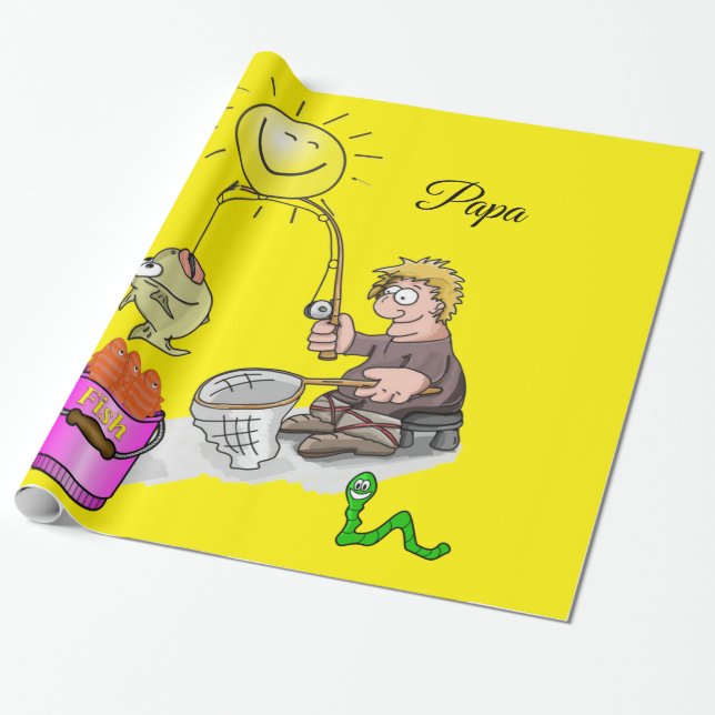 Glossy Wrapping Paper, Fisherman Fishing Yellow Wrapping Paper (Unrolled)