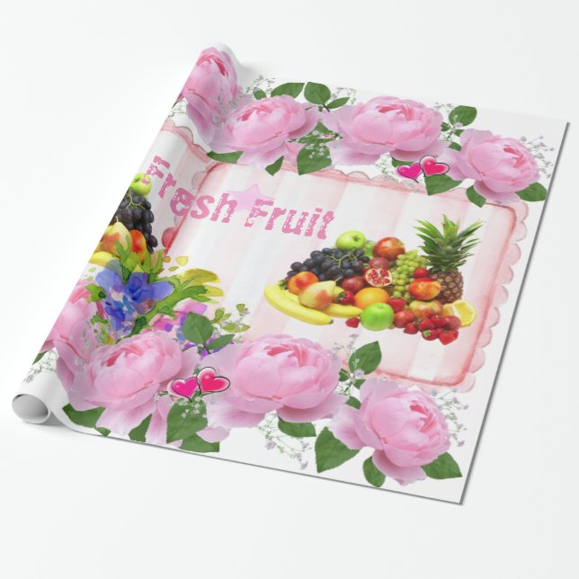 Glossy Wrapping Paper, Fruit Pink Roses Floral Paper (Unrolled)