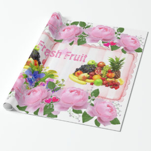 Glossy Wrapping Paper, Fruit Pink Roses Floral Wrapping Paper