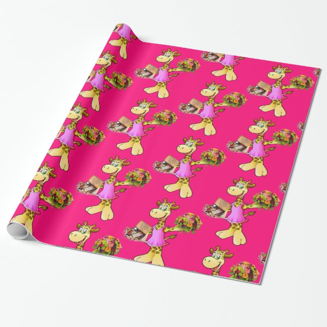 Glossy Wrapping Paper, Giraffe Floral Pink Paper (Unrolled)