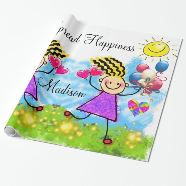 Glossy Wrapping Paper, Girl Balloons Happy Hearts Wrapping Paper (Unrolled)