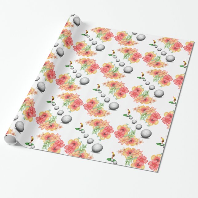 Glossy Wrapping Paper, Golf Balls Golfer Floral Paper (Unrolled)