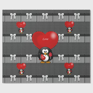 Glossy Wrapping Paper Penguin Love Black