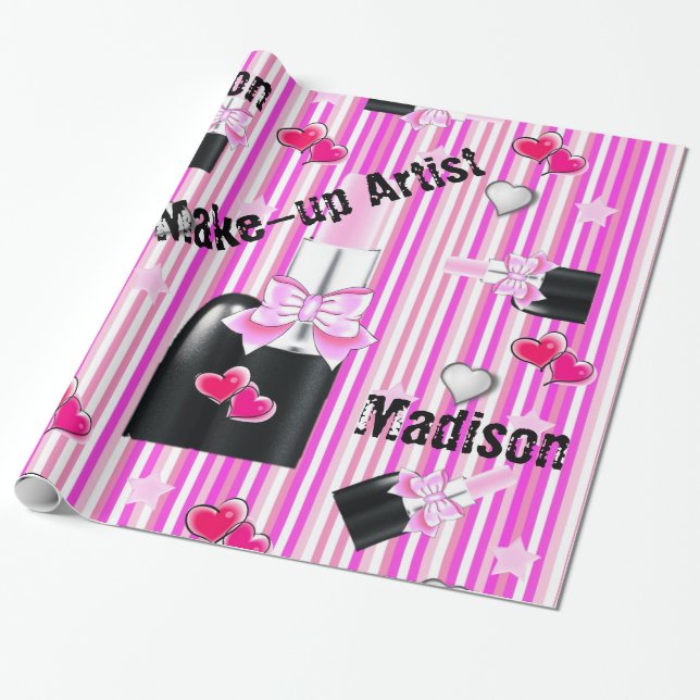 Glossy Wrapping Paper, Pink Lipstick Pink Stripe Paper (Unrolled)