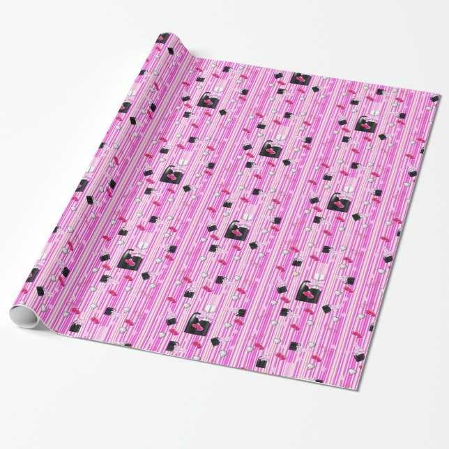 Glossy Wrapping Paper, Pink Lipstick Pink Stripe Paper (Unrolled)