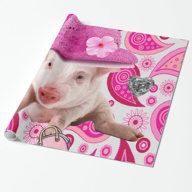 Glossy Wrapping Paper,  Pink Pig Silver Hearts Paper (Unrolled)