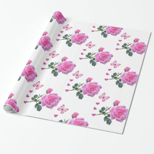 Glossy Wrapping Paper, Pink Rose Floral Butterfly Paper