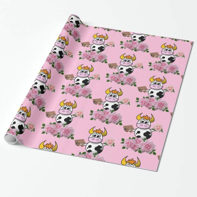 Glossy Wrapping Paper, Pink Roses Cow Chocolate Paper (Unrolled)
