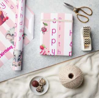 Glossy Wrapping Paper Pink & White Stripe Birthday