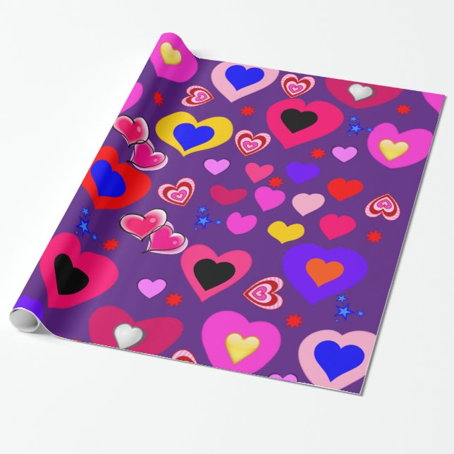 Glossy Wrapping Paper, Purple Hearts Wrapping Paper (Unrolled)