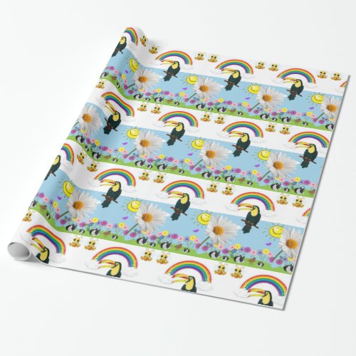 Glossy Wrapping Paper Rainbow Parrots Sun Rabbits Wrapping Paper