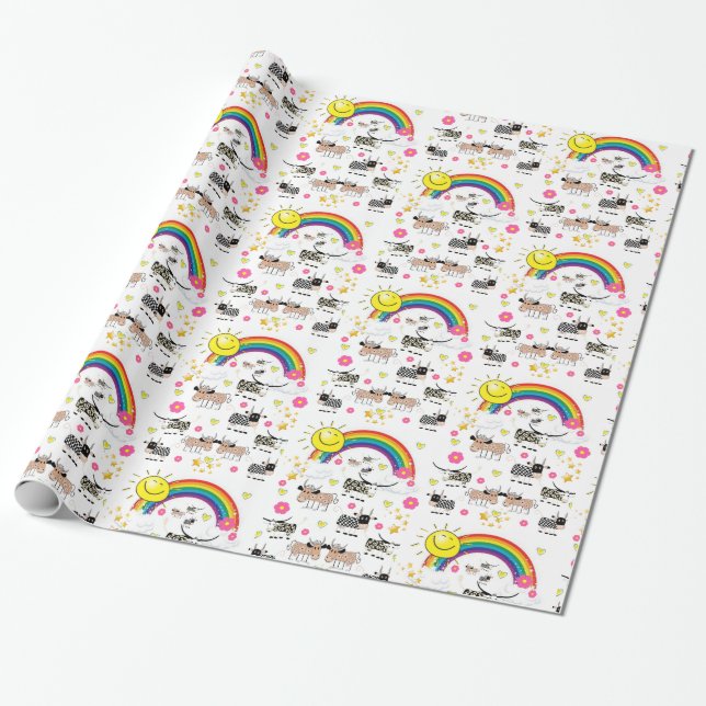 Glossy Wrapping Paper, Rainbow Sun Clouds Cows Wrapping Paper (Unrolled)