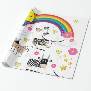 Glossy Wrapping Paper, Rainbow Sun Floral Cows Paper