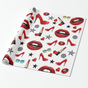 Glossy Wrapping Paper, Red Lipstick Lips Heels Wrapping Paper