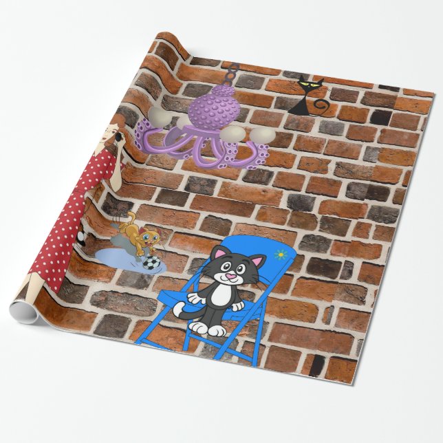 Glossy Wrapping Paper, Retro Woman Black  Cat Paper (Unrolled)