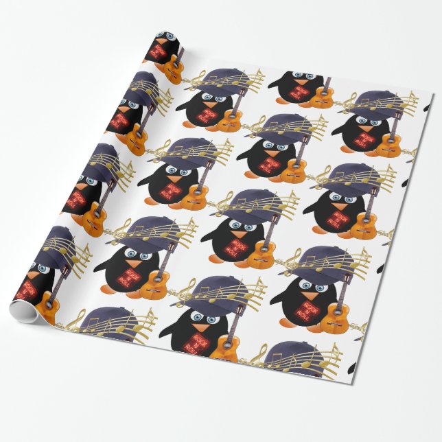 Glossy Wrapping Paper, Rock n Roll Penguin Guitar Paper (Unrolled)