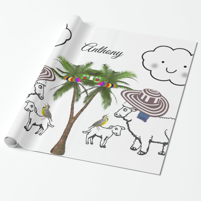 Glossy Wrapping Paper, Sheep Palm Tree Clouds Paper (Unrolled)