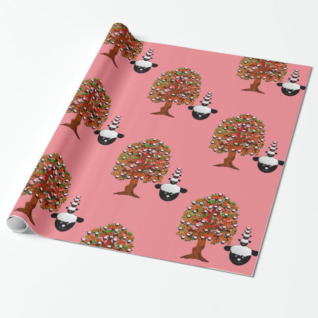 Glossy Wrapping Paper, Sheep Tree Pink Paper (Unrolled)