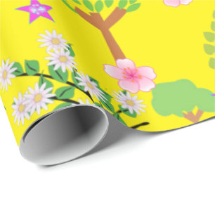 Glossy Wrapping Paper, Sheep Trees Floral Yellow Wrapping Paper
