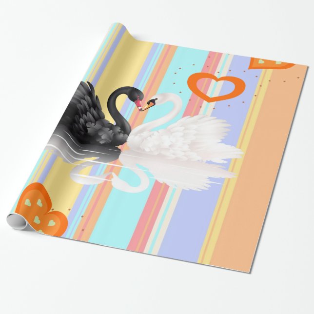 Glossy Wrapping Paper, Stripe Hearts Swans Paper (Unrolled)