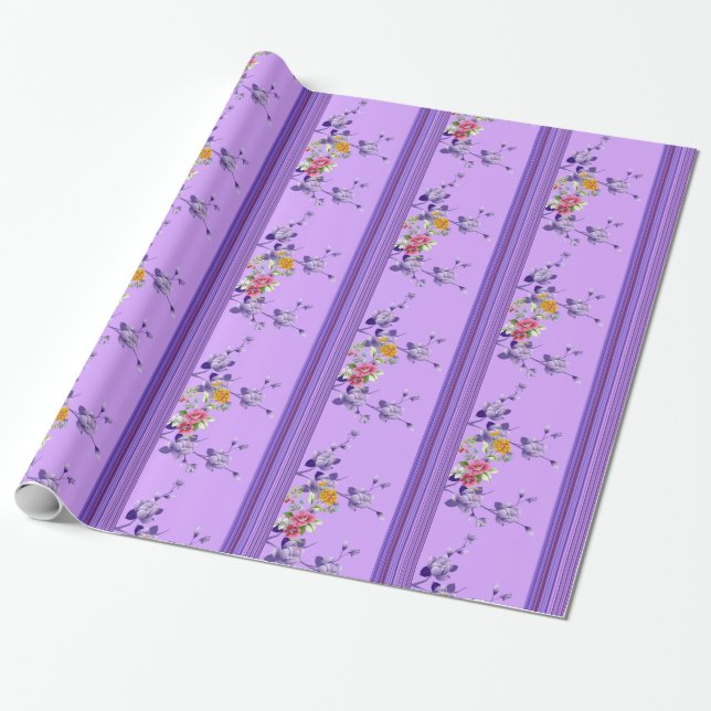 Glossy Wrapping Paper, Stripe Purple Floral Paper (Unrolled)