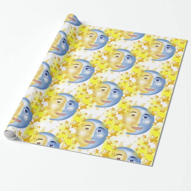 Glossy Wrapping Paper, Sun Moon Yellow Stars Paper (Unrolled)