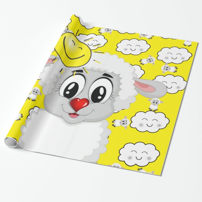Glossy Wrapping Paper, Sun Sheep Clouds Yellow Paper (Unrolled)