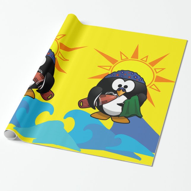 Glossy Wrapping Paper, Surfer Penguin Beach Wrapping Paper (Unrolled)
