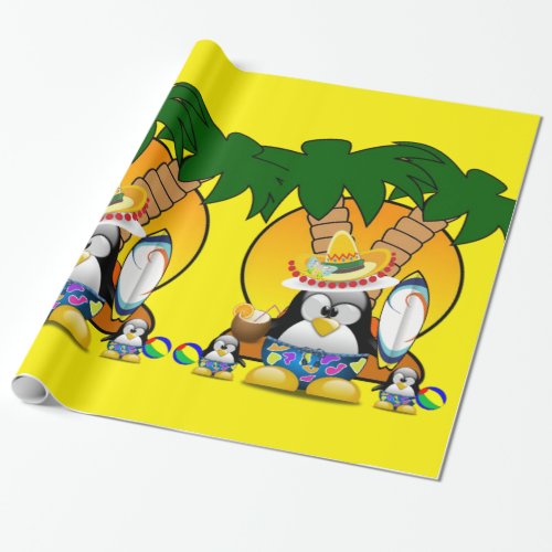 Glossy Wrapping Paper Surfer Penguin Beach Wrapping Paper