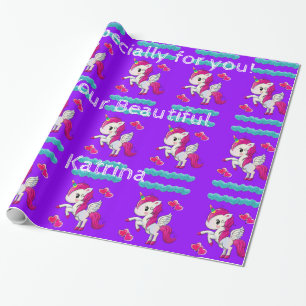 Glossy Wrapping Paper, Unicorn Blue Hearts Purple Wrapping Paper