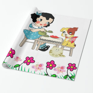 Glossy Wrapping Paper, Vintage Dog Cat Floral Wrapping Paper