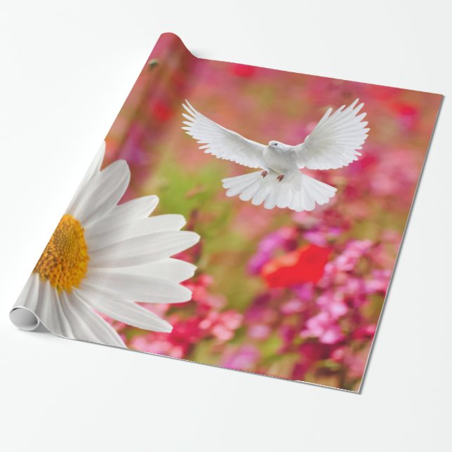Glossy Wrapping Paper,White Daisy Dove Pink Floral Paper (Unrolled)