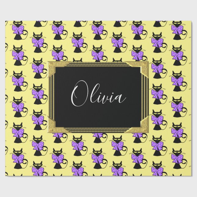 Glossy Wrapping Paper, Yellow Black Cat Monogram Paper (Flat)