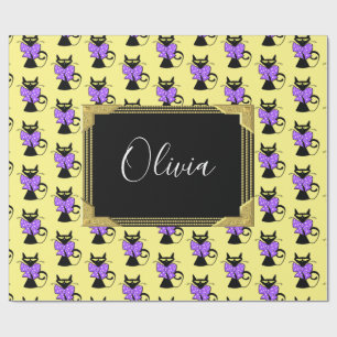 Glossy Wrapping Paper, Yellow Black Cat Monogram Wrapping Paper