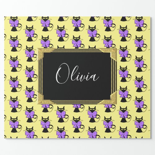 Glossy Wrapping Paper Yellow Black Cat Monogram Wrapping Paper