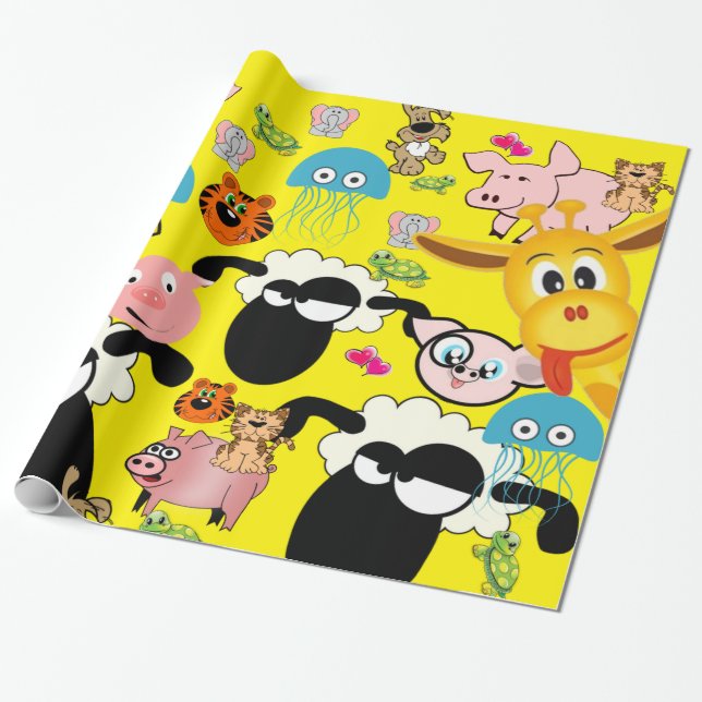 Glossy Wrapping Paper Zoo Animals Giraffe Elephant (Unrolled)